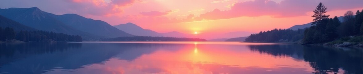 Pastel sunset hues paint the lake, tranquil and still, soft, light, still