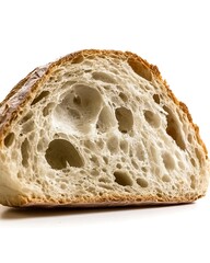 Close-Up of Freshly Sliced Artisan Bread with Airy Texture and Crust on White Background