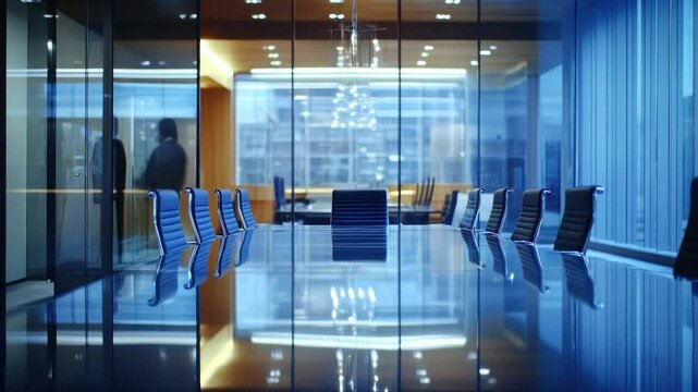 Empty corporate boardroom at night
