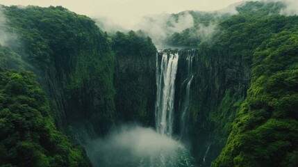 Fototapeta premium Majestic waterfall cascading through lush green cliffs shrouded in mist serene nature scene aerial perspective scenic beauty
