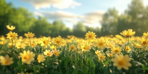 Yellow flowers bloom in a lush green meadow under a bright blue sky during springtime