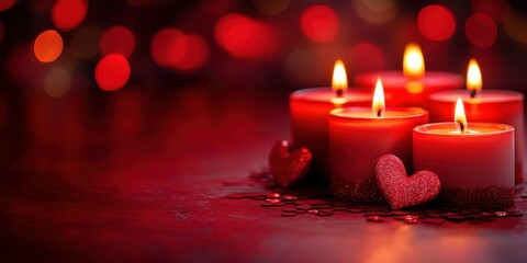 Warm glow of red candles with hearts creating a romantic atmosphere for a special occasion