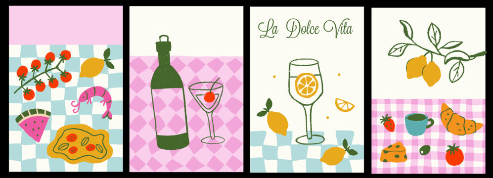 Abstract posters with la dolce vita breakfast doodles. Banners with colorful food crayon drawing style. Flier for invitations, menus design