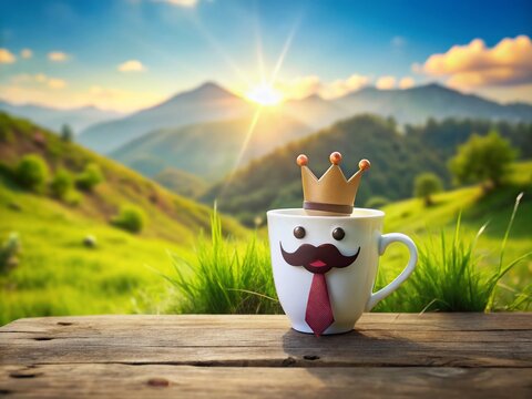 Funny Mustached Coffee Cup King: Hilarious Father's Day Landscape Photo