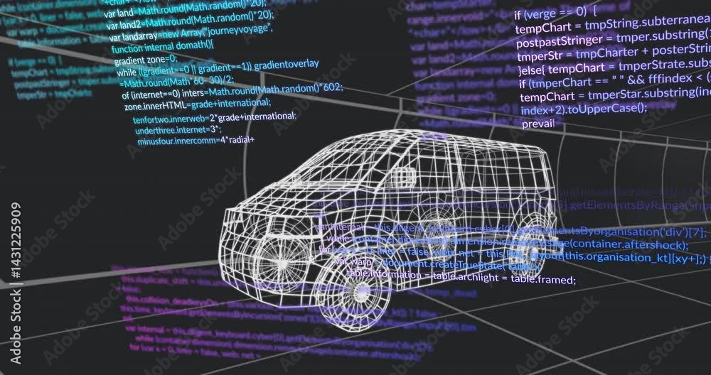 Aufkleber wireframe 3d van model rotating on grid plane, revealing floating colored code snippets