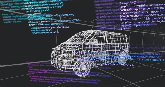 Wireframe 3D van model rotating on grid plane, revealing floating colored code snippets