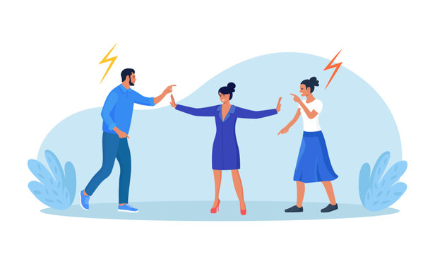 Conflict management. Woman stopping conflict or fighting. Leadership skill to compromise and solving argument problem. Disagreement communication, negotiation. Business deal conversation