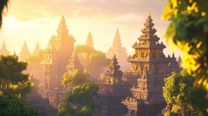 Ancient Temples at Sunrise. Lush Tropical Surroundings