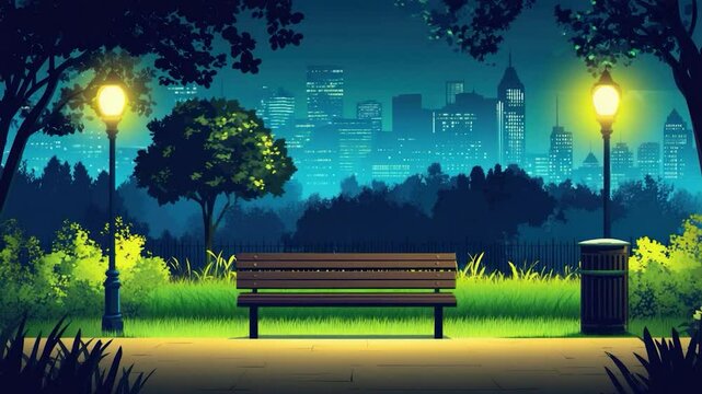 Night park bench city view