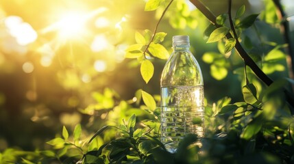 Plastic Water Bottle with Leaves in Sunny Setting