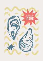 Obraz premium Oysters Stamps on Yellow Waves Retro Poster Template