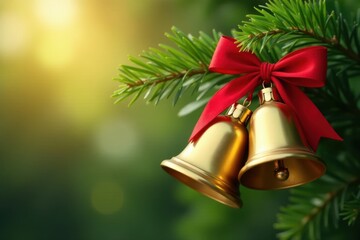 Shiny gold bells, red ribbon tied on lush green bough , stock photo, christmas tree, season's greetings