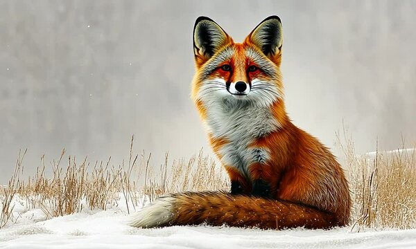 A majestic red fox sitting gracefully in a snowy landscape with soft snowfall in the background