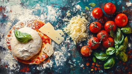 Pizza Ingredients Flat Lay, Dough, Cheese, Tomatoes, Basil on Artistic Background