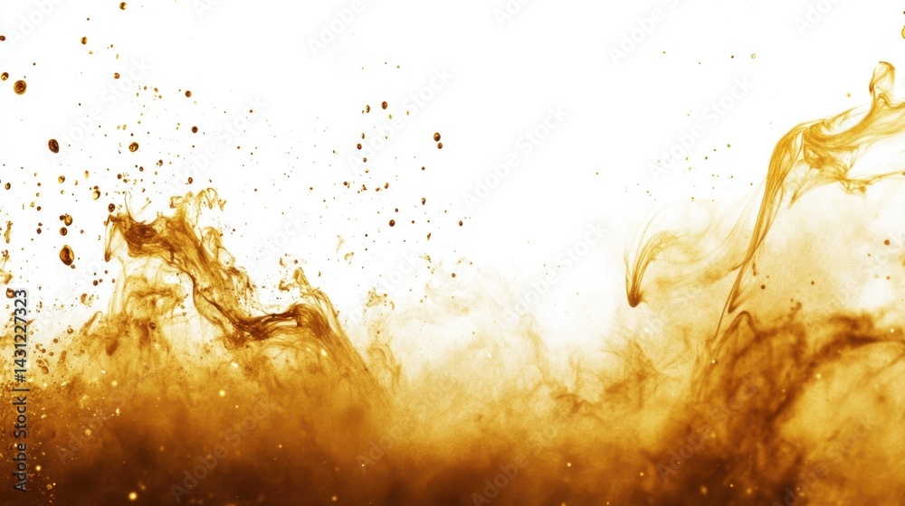 Poster golden liquid swirls and splashes against a stark white canvas creating a dynamic and mesmerizing ab