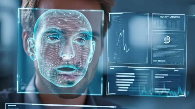 Facial recognition technology demonstration high-tech lab digital content modern environment close-up viewpoint ai concept for enhanced security