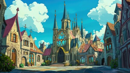 Medieval European town square, vibrant, sunny, and charming.  A large cathedral stands at the center, surrounded by quaint, colorful buildings