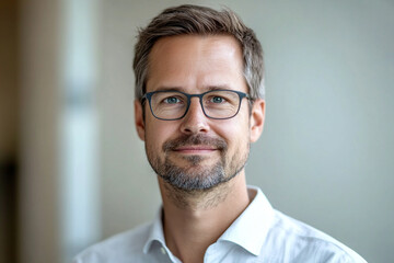 Obraz premium Portrait of a smiling man with glasses wearing a light shirt