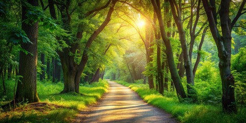Fototapeta premium Sunlit Path Through a Verdant Canopy of Majestic Trees in a Tranquil Woodland Setting