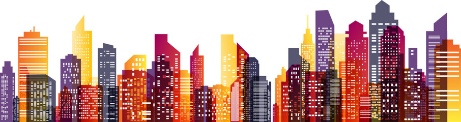 Colorful city skyline. Urban panoramic silhouette. Vector horizontal banner of cityscape in overlay style.