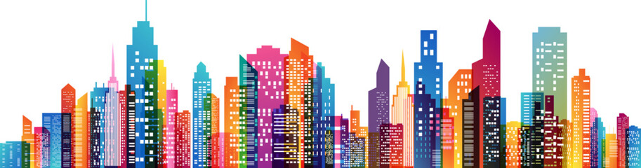 Fototapeta premium Colorful city skyline. Urban panoramic silhouette. Vector horizontal banner of cityscape in overlay style.