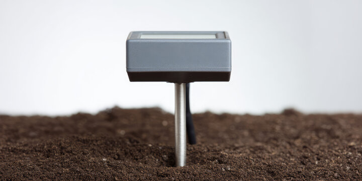 A digital soil tester with a rectangular screen is partially embedded in brown soil, showcasing the device for measuring soil conditions. 