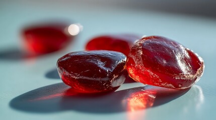 Close-up view of vibrant red, translucent candies
