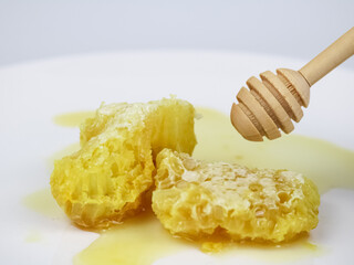Fresh honeycombs filled with fresh honey - on white background.