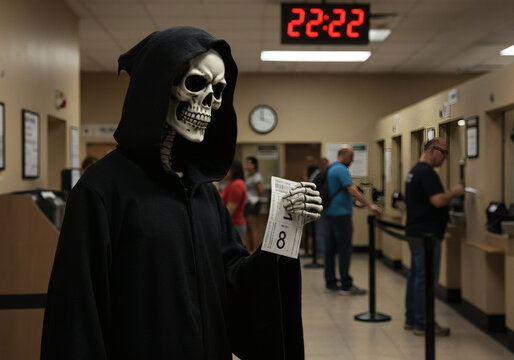 A grim reaper figure is seen holding a ticket in a DMV, with a time display above.