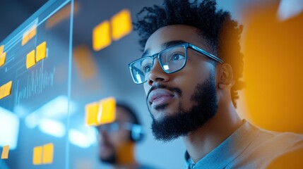 Focused professional analyzing data on a digital screen in a modern workspace during the day
