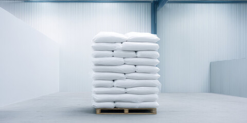 Stacked white bags on a wooden pallet in a spacious industrial warehouse with high ceilings. The minimalist setting highlights uniformity and orderliness.  