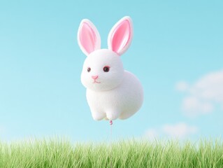 Obraz premium Floating Bunny: A charming, fluffy white bunny rabbit with pink ears floats gently above a vibrant green grassy field against a clear blue sky.