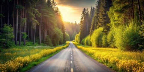 Fototapeta premium Golden Hour Journey Through a Verdant Forest Along a Scenic Asphalt Road Lined with Vibrant Yellow Wildflowers