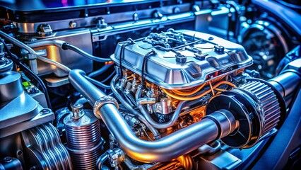 Hybrid Car Engine Components: Detailed Close-up Stock Photo