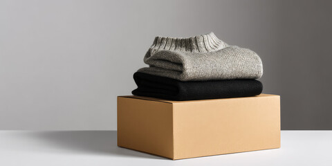 Stacked knit sweaters in gray and black rest neatly on a brown cardboard box. The upper sweater has a turtleneck style with a textured pattern, while the lower is smooth