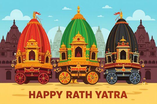 Three decorated chariots for rath yatra festival with temple background and blue sky above
