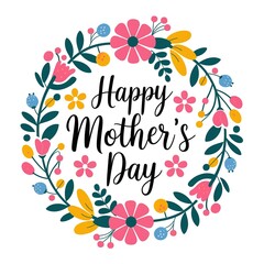 Vibrant and Colorful 'Happy Mother's Day' Design Featuring a Circular Floral Arrangement with Pink, Yellow, Green, and Blue Flowers, Leaves, and Berries, and Elegant Cursive Typography at the Center