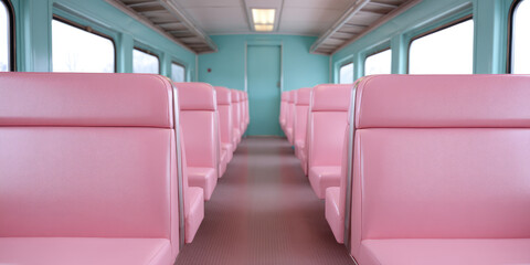 Rows of empty pink seats inside a light blue train interior, with windows on both sides providing soft natural lighting. The ceiling has fluorescent lights