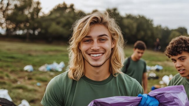 Volunteers participate in park clean-up event while promoting community service and environmental awareness
