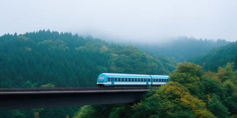 Blue train traverses a long bridge above lush green forests under a cloudy sky, with mist partially concealing the distant treetops