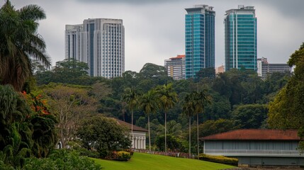 Serene Kuala Lumpur Skyline View from Park Lush Greenery Palm Trees and Modern Architecture Under Cloudy Sky