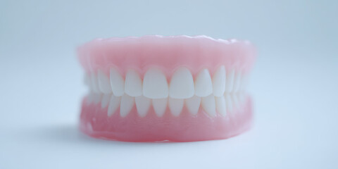 Obraz premium Set of realistic artificial teeth in pink gums creating a dental impression. They are arranged in a symmetrical and aligned fashion, slightly angled from a frontal perspective