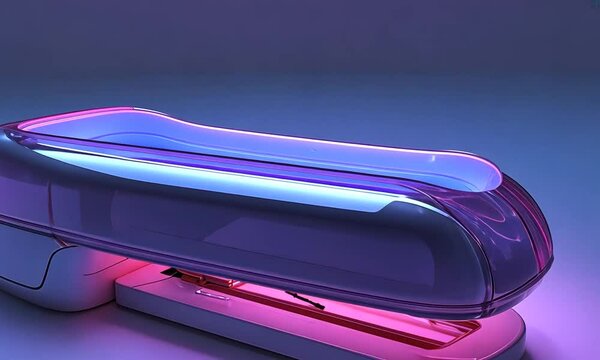 A modern, sleek stapler with a translucent cover in a stylish, illuminated workspace