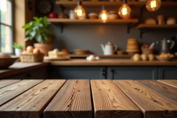 Empty rustic wood table, blurred bakery bokeh background, lights, overlay, coffee
