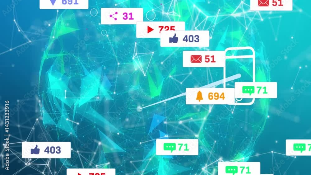 Poster smartphone outline showing floating notification labels connecting to glowing mesh globe 3d render