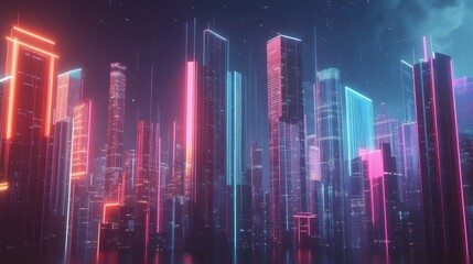 Obraz premium Futuristic city skyline bathed in vibrant neon lights. Skyscrapers with glowing edges in a dynamic array of colors, creating a mesmerizing nocturnal cityscape