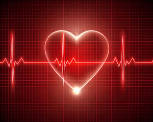 Heart beats cardiogram background. A red heart is displayed on a red background with a red line.