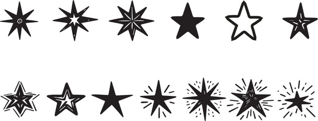 Stars set, hand drawn sketch, doodle vector illustration. Black symbols drawn by brush, pen, ink, Isolated on white background. Cool trendy handdrawn set for logo, textile print, fabric design, card v