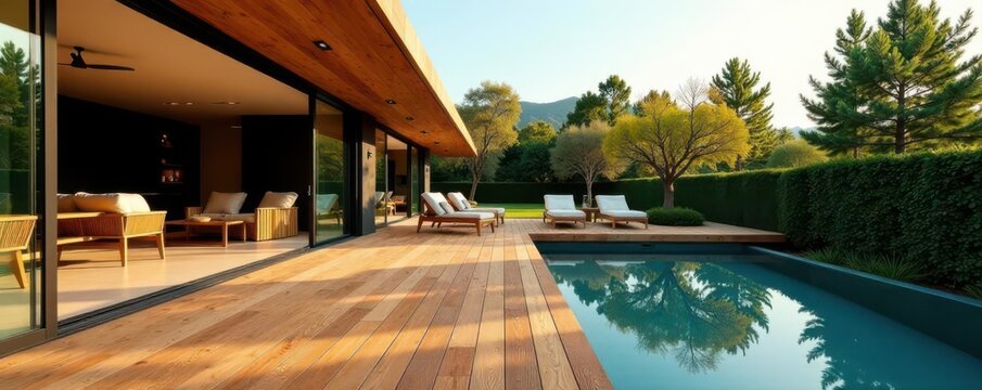 Luxury ipe deck, sleek modern home, rich wood grain, sunny patio , outdoor living, ipe, wood
