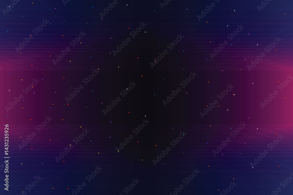 Wall mural retro cyberpunk style 80s game scene pixel art 8-bit sci-fi background. glowing neon grid and stars 